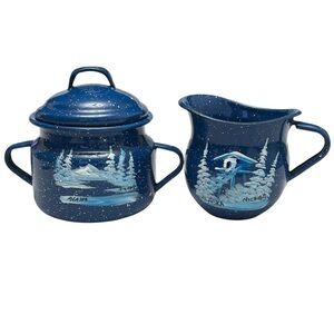 VTG Claim 49 Hand Painted Alaska Scene Speckled Blue Enamel Cream & Sugar Set